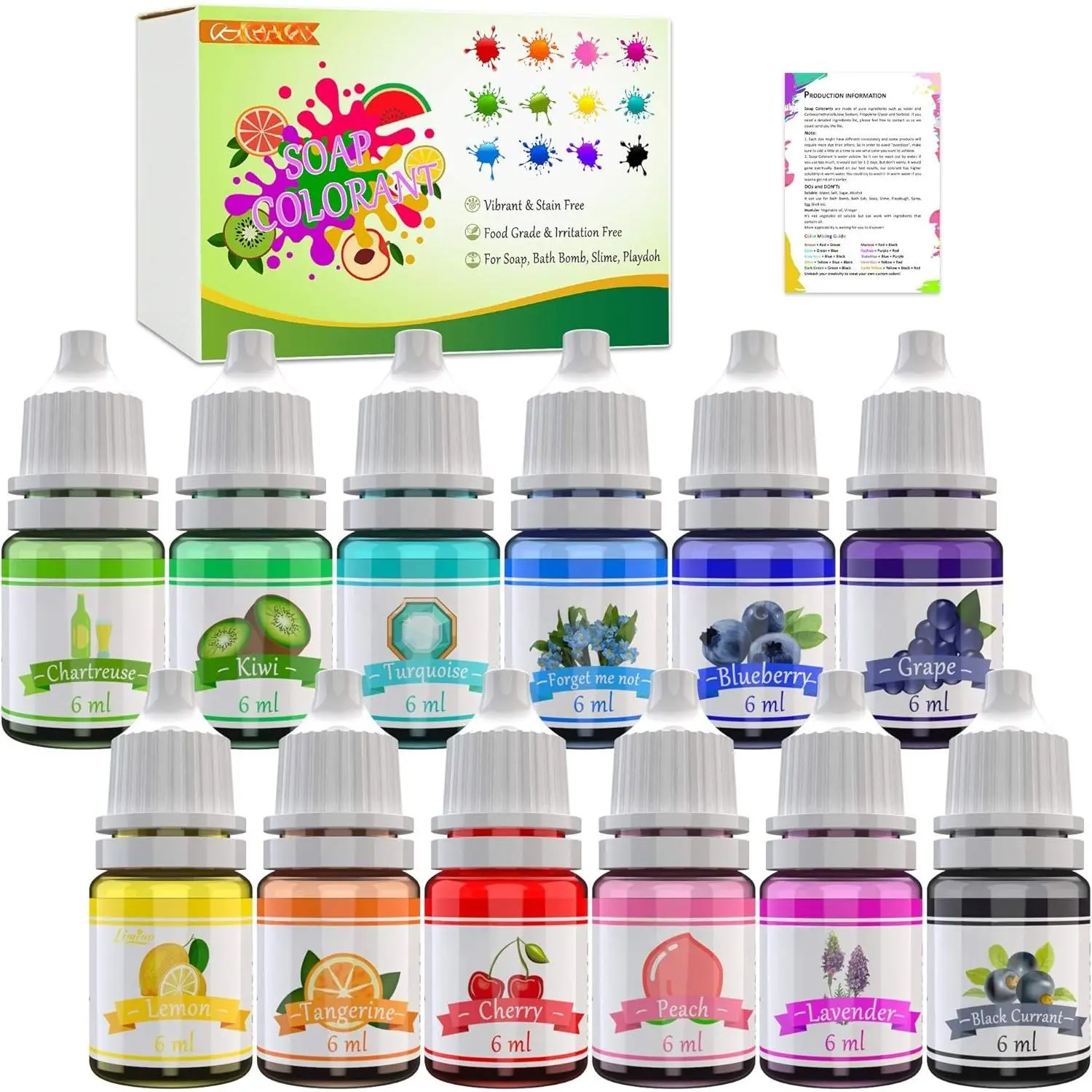 12-Color Water Soluble Bath Bomb Soap Dye - Cruelty-Free Vegan Vibrant Safe-Grade Coloring for DIY Soap Making Supplies, Custom Playdough Crafts - Includes Instructions