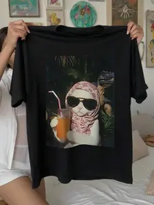 Whimsical Casual Oversized Tie Dye Animal T-Shirt - Funny Cool Cat & Dinosaur Graphic Tee