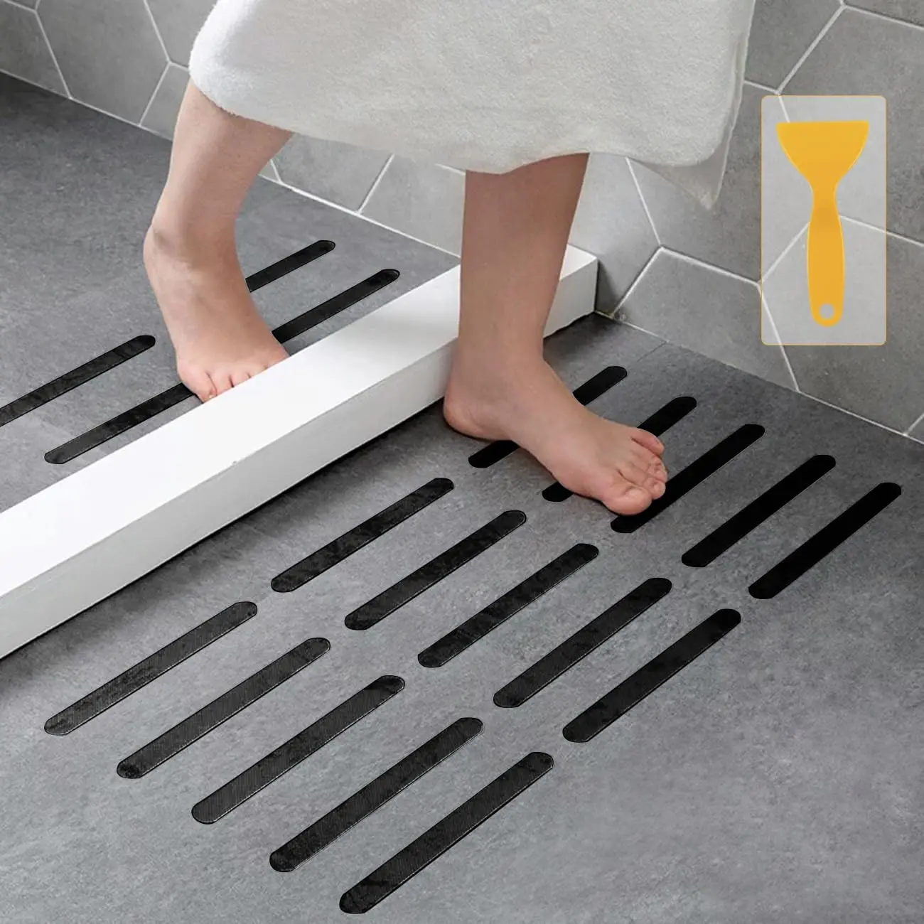 Textured Soft PEVA Anti-Slip Strips (24pcs, 8x0.8 in) - Strong Adhesive Modern Safety Grip Appliques for Bathrooms, Pools, Stairs, Adults, Seniors