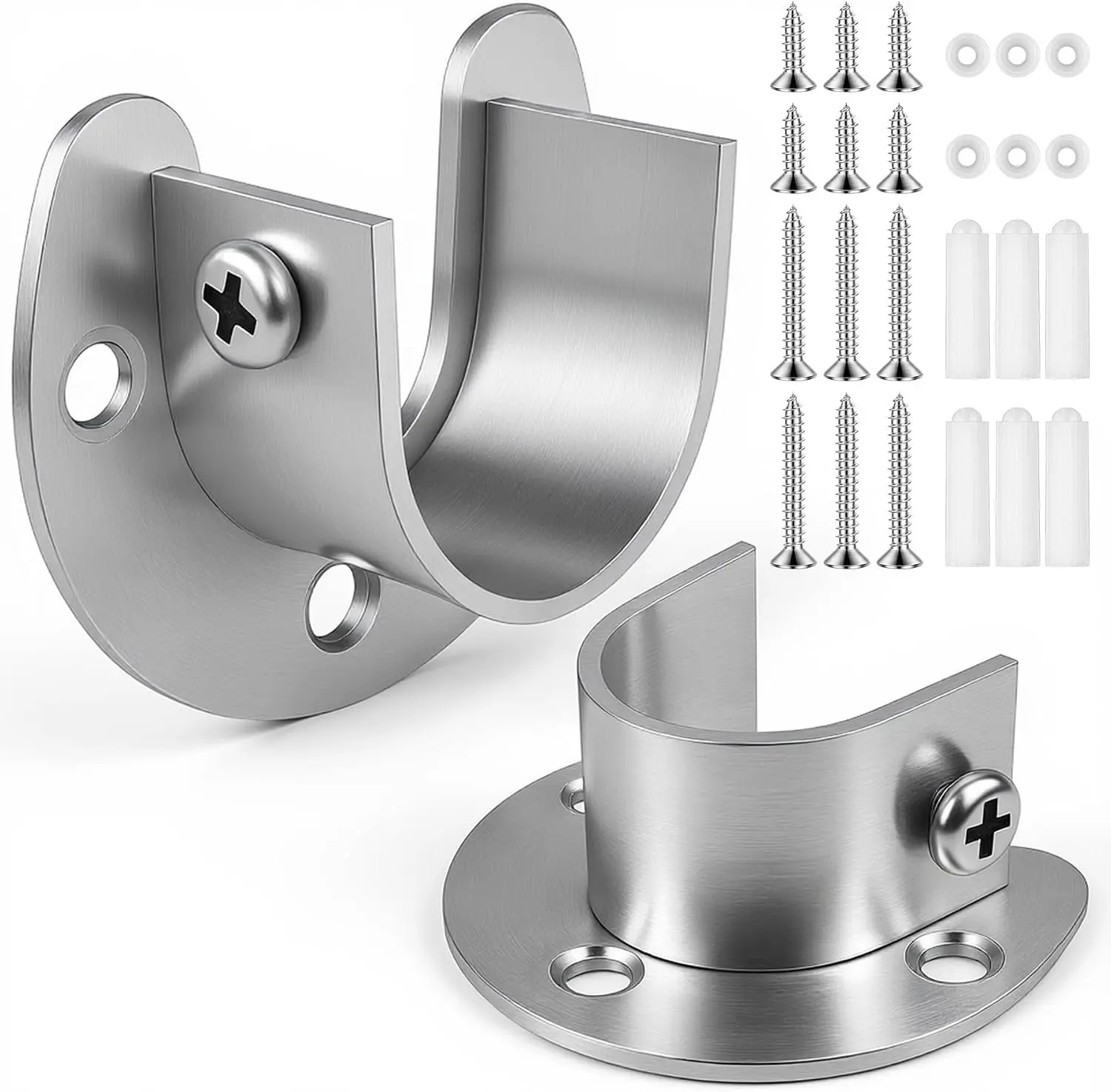 2Pcs Heavy Duty Stainless Steel Closet Rod Bracket Holder (Silver, 1-1/2")