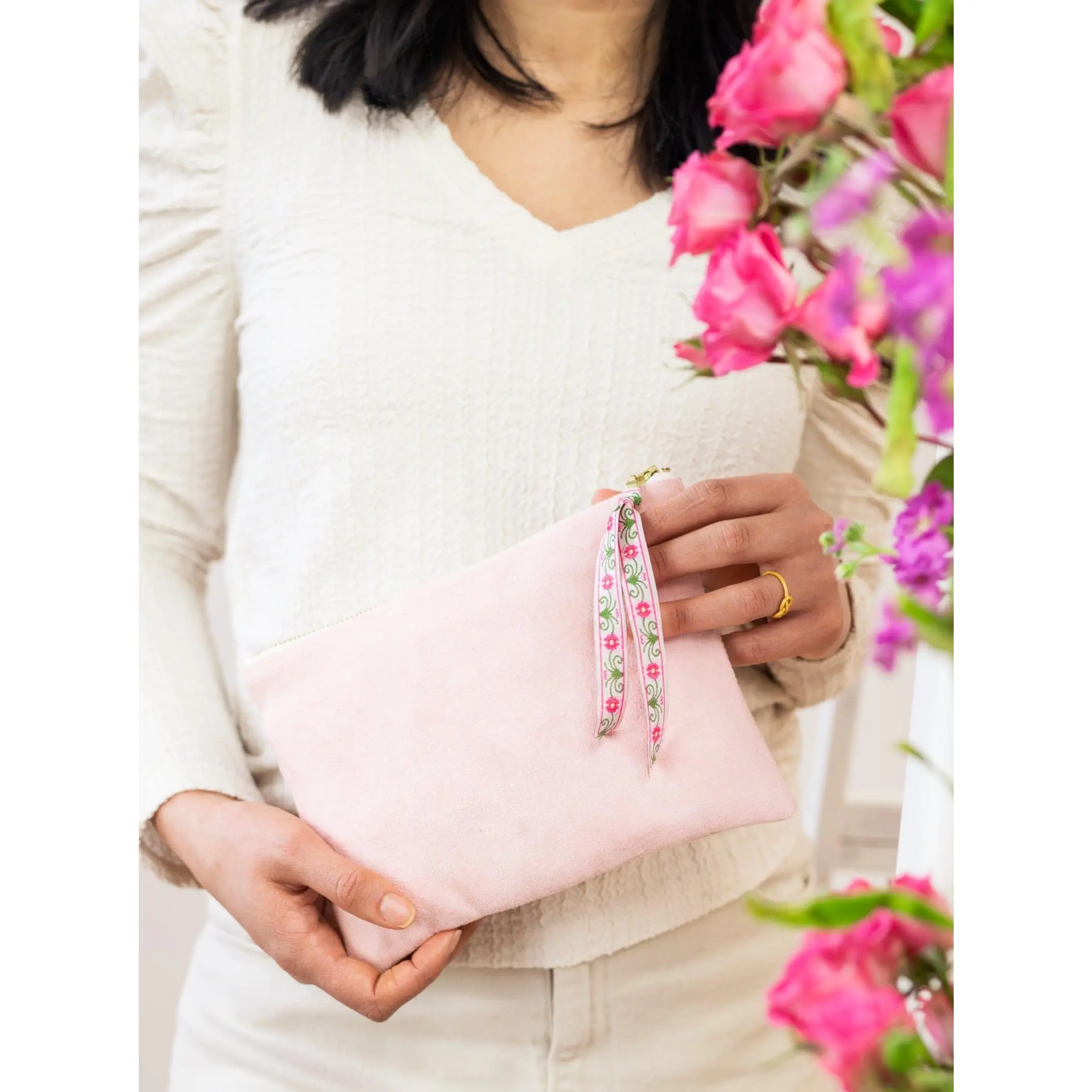 Pink Fleur Vegan Suede Clutch Purse