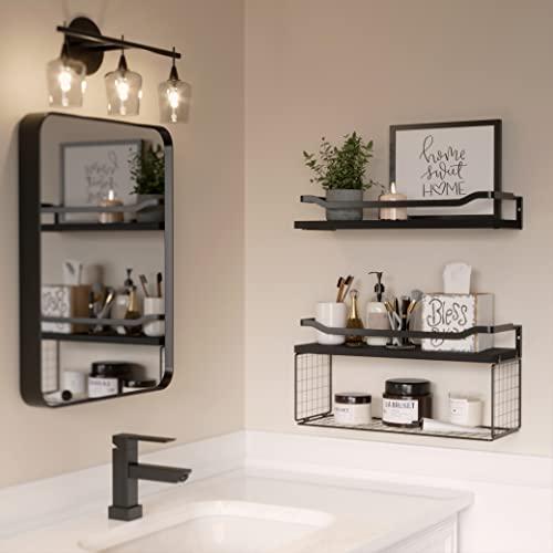 Floating Shelves with Wire Storage Basket - Bathroom Shelves Over Toilet with Protective Metal Guardrail, Wood Wall Shelves for Bathroom, Bedroom, Living Room - Black