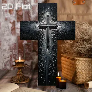 1 Pcs, Large 8x12 " (20x30 cm) 2D Flat Vintage Black and White Cross Wall Decor - Faux Reclaimed Wood Christian Home Chapel Decor with Droplet Design and Beam of Light - Rustic Religious Gift for Priests, Priests, Prayer Rooms, Baptisms,2D Flat