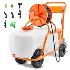 VEVOR Battery Powered Lawn Sprayer on Wheel, 0-90 PSI Adjustable Pressure, 15 Gallon Tank, Cart Sprayer with 8 Nozzles and 2 Wands, 12V 12Ah Battery, Wide Mouth Lid for Weeding, Spraying