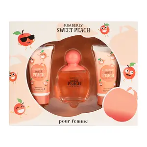 Kimberly Sweet Peach Sray Perfume Eau de Parfum, Shower Gel, Body Lotion 3pc Gift Set Pouch for Women 50ml