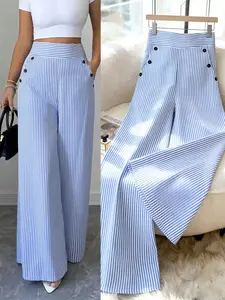 1 Piece  smart casual Pants，Women's Wide Leg Pants, High Waist Vertical Stripe Side Button Trousers with Pockets, Loose Fit Flowy Casual Pants, Figure Flattering for Office Work Daily Wear Vacation Brunch Going Out