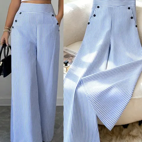 1 Piece smart casual Pants, Casual Business Pants, Women's Wide Leg Pants, High Waist Vertical Stripe Side Button Trousers with Pockets, Loose Fit Flowy Casual Pants, Figure Flattering for Office Work Daily Wear