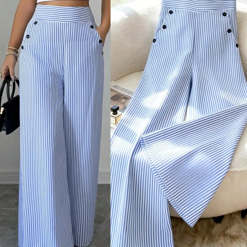 1 Piece smart casual Pants, Casual Business Pants, Women's Wide Leg Pants, High Waist Vertical Stripe Side Button Trousers with Pockets, Loose Fit Flowy Casual Pants, Figure Flattering for Office Work Daily Wear