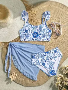 Girls' Floral Print Ruffled Hem Bikini Set With Beach Cover Up Summer Vacation Thermal Christmas Holiday Festival New Years Valentines Swim Girls Swimsuit Orange Tween Orange