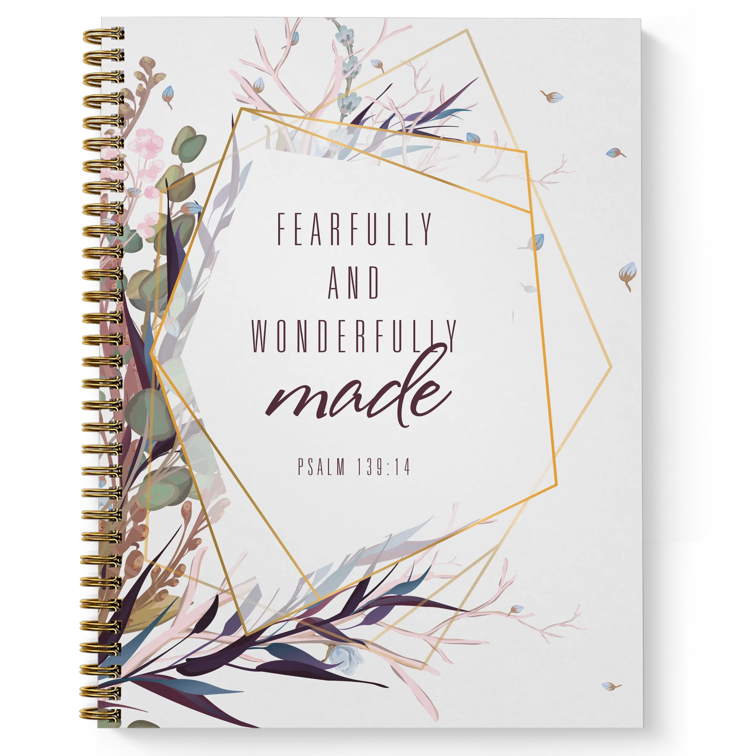 Softcover Wonderfully Made 8.5" x 11" Religious Spiral Notebook, 120 College Ruled Pages, Gloss Laminated Cover, Gold Spiral. Made in the USA