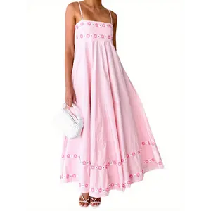 Women'S Elegant 3D Floral Print Spaghetti Strap Maxi Dress - Lightweight Sleeveless A-Line Summer Dress with Loose Fit & Flowy Long Train, Breathable Pink Party Wedding Guest Dress for Beach Events, Prom, Semi-Formal Occasions - Easy Care F