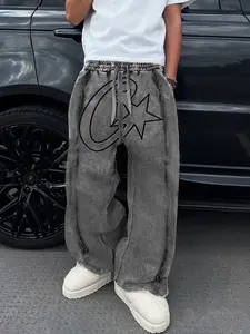 Men's Wide Leg Casual Pants with Star Print, Drawstring Waist Trousers, Fitted Velour Fabric, Comfortable Breathable Street Style, Daily Wear & Commuting