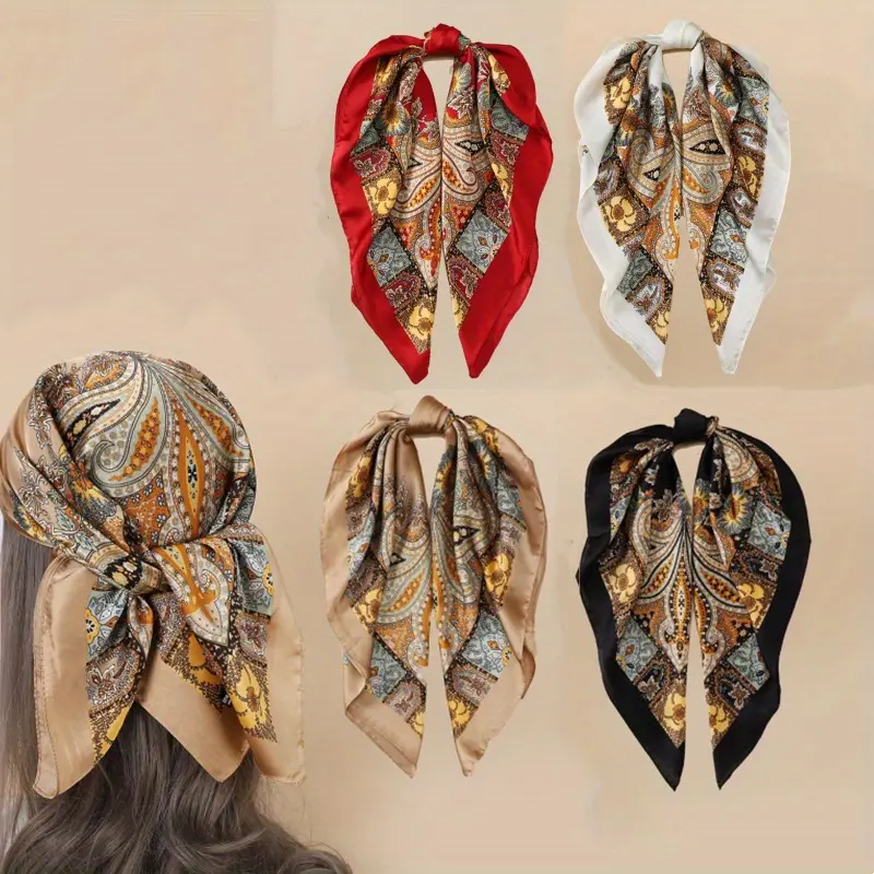 Paisley Scarf Head Wrap for Women, 4-Pack Silk-Feel Satin Bandana Style, Large 70cm Square Hair & Neck Accessory for Weddings, Head Scarves, High-Quality Polyester, Women's Clothes, 70*70 Cm