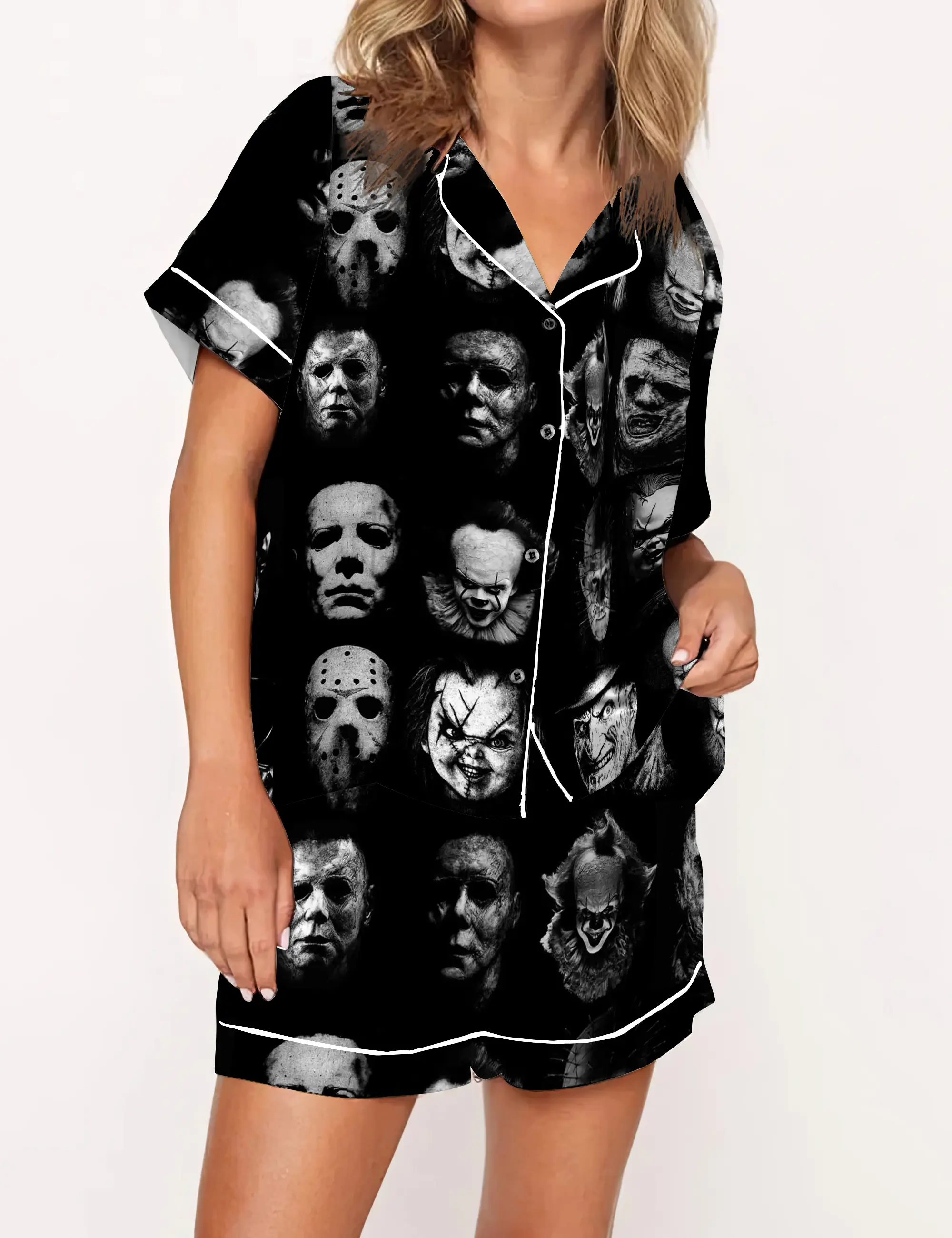 Horror Faces Pajama Set Satin For Women, Halloween Gift, Birthday Gift, Gift For Women, Best Friend Gift, Anniversary Gift, Gift For Girlfriend, Gift For Sister, Gift For Mom, Party Pajama Set
