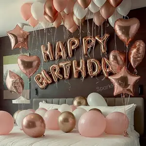 46pcs/set Rose Gold Birthday Party Decoration Balloons Set, Happy Birthday Banner, Heart Star Latex Balloons, Room Decor Props, Anniversary, Balloon Arch, Balloon Party Supplies