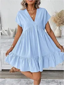 Dress, European & American French Sweet Casual Style, Ruffle Vivid Vibe, 2026 Summer V-Neck Short Sleeve Soft Breathable Lightweight Ruffle Hem Babydoll Dress, Age-Reducing Slim, Must-Have for Picnics, Dates & Commutes