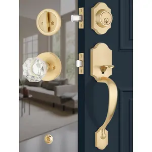 1 Pack Front Door Lock Set, Exterior Door Handle , Entry Door Locksets with Deadbolt, Front Door Handle, Glass Door Knobs, Reversible for Left & Right Doors, Satin Brass Finish