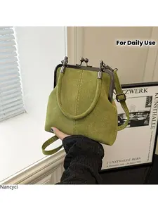 Vintage Color Block Women's Handbag, Synthetic Leather Crossbody Bag with Kiss Lock, Adjustable Strap, Lightweight Daily Bag, Multi-Color Gift for All Festivals