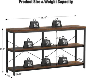 Industrial Bookshelf 3-Tier Wide Wood Horizontal Bookcase, Open Large Book Shelf with Metal Frame, Display Rack Shelving Unit, Storage Organizer for Living Room, Bedroom & Study