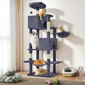 Premium Dark Grey Cat Tree! Huge 66Inch Tower for 3-4 Cats. 2 Cozy Condos, 3 Perches, Durable & Stable. Holds 44LBS. Perfect for Large Cat Families!