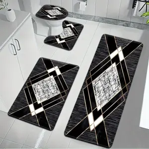 3pcs/4pcs Fashionable And Easy Black Background Stitching Geometric Pattern Bathroom Mat,Non Slip Absorbent Soft Microfiber Bathroom Mats with Toilet Lid Cover & Contour Rug, Machine Wash