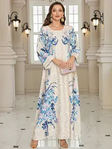 Women's Long Robe Loose Fashion Print Beaded Rhinestone Dress, Elegant Formal Evening Gown, Stylish Long Skirt, Perfect for Special Occasions