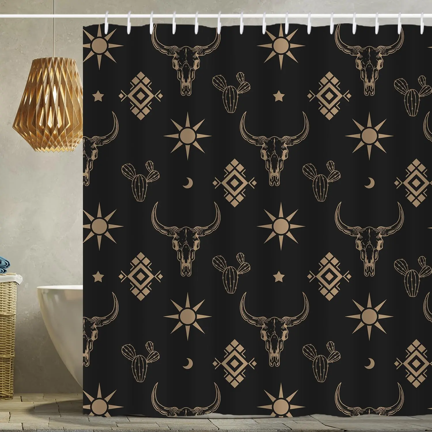 Western Aztec Shower Curtain for Bathroom Boho Cactus Bull Skull Cow Longhorn Skullhead Black Shower Curtains Western with Hooks Waterproof Polyester Curtain (Black Gold Bull Skull)