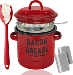 2026 46 OZ Bacon Grease Container With Strainer And Spatula Red Kitchen Oil Storage Can, Food Saver Bin with Lid | Farmhouse Cooking Pot Keeper Collector, Dishwasher Safe