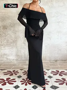 Elegant Off-Shoulder Flounce Sleeve Dress, Wowdark Women's Fashion, Slim Fit, Perfect for Parties & Special Occasions, Stylish & Trendy Design