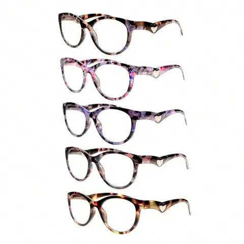 ZOECENT Women's 5-Pack Individually Packed Plastic Full Rim Reading Glasses - Blue Light Blocking Resin Lenses, Fashion Heart Pattern, Spring Hinge, Lightweight Durable, Girl-Fit, Mixed Colors, Effortless On-And-Off Wear, Blue Light Glasses for Women