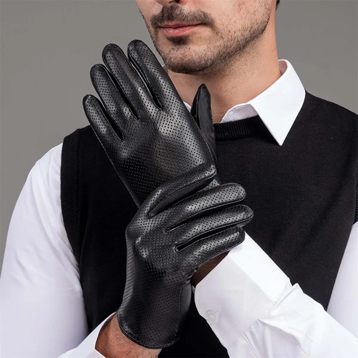Men's Leather Driving Gloves Hollow-Out Winter Gloves Mittens Sheepskin Touchscreen Gloves with Perforated Breathable Design  Elegant Handwear for Business & Formal Occasion Wear