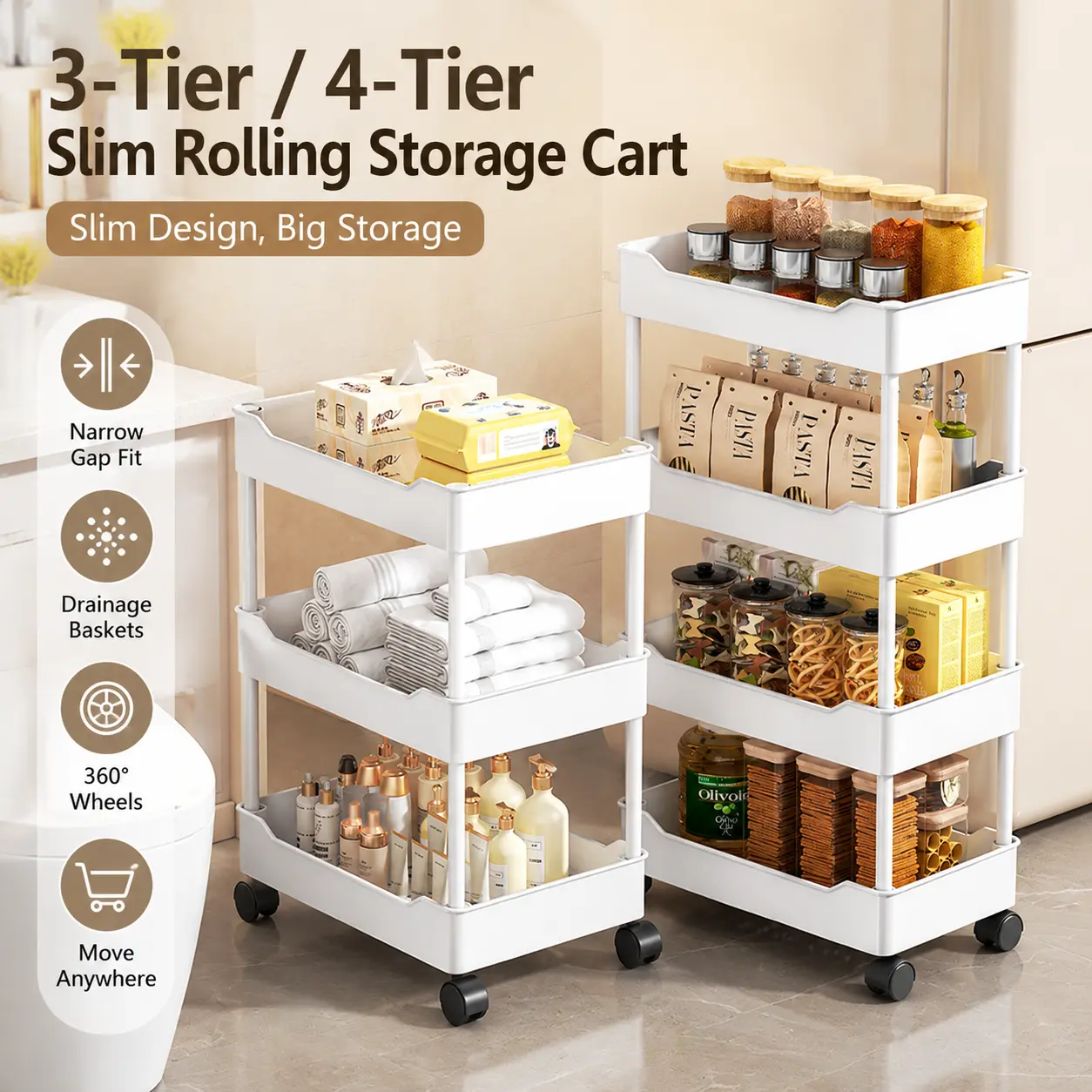 3-Tier/4-Tier Slim Rolling Storage Cart with Drainage Baskets & 360° Wheels, Narrow Mobile Utility Organizer for Bathroom, Kitchen, Laundry Room, Bedroom & Dorm, White