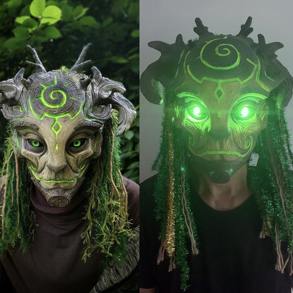 LED Scary Forest Spirit Green Elf Old Man Mask, Realistic Latex Horror Headdress with Creepy Demon Tree Ghost Effect, Halloween Cosplay Costume Party Carnival Prop Adjustable Waist Tightener Clip confetti eggs Golden Handmade Resin Craft Mask for Events