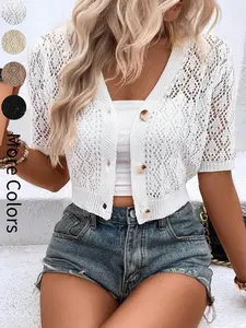 Women's V Neck Plain Hollow Out Button Front Knit Cardigan, Casual Spring Summer Short Sleeve Cute Lightweight Short Cardigan, Fashion Women's Knitwear for Daily Wear, Summer Tops for Women, Short Sleeve Cardigan for Women, Elegance