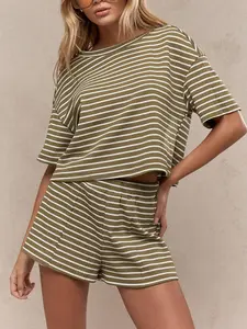 Women's Striped Ribbed Knit Lounge Set, Boat Neck Half Sleeve Oversized Top, Elastic Waist High Waist Shorts, Daily Casual Loungewear Homewear Commute Vacation Sleepwear, Breathable Stretchy Wrinkle-Resistant
