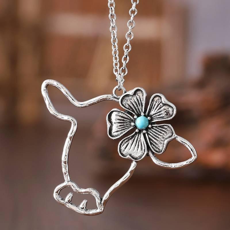 3pcs Scottish Highland Cow Jewelry Set for - Turquoise Stone Scottish Cow Pendant Necklace & Earrings, Hollow Cow Cattle Head Charms, Boho Western Accessories, Year-Round Scottish-Themed & Parties