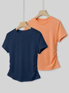 Color Cotton Gathered Short Sleeve T-Shirt, Casual Streetwear Fitted Minimalist Style, Solid Pattern, No Zipper, Without Collar, All Seasons Wear