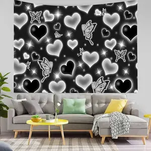 Fashion Black and White Heart and Butterfly Pattern Tapestry - Dreamy Aesthetics, 100% Polyester Fiber, Comfortable Living Room Decor Knitted Wall Hanging, Comfortable Wall Art |   Fantasy themed decoration |   Knitted weaving, butterfly de