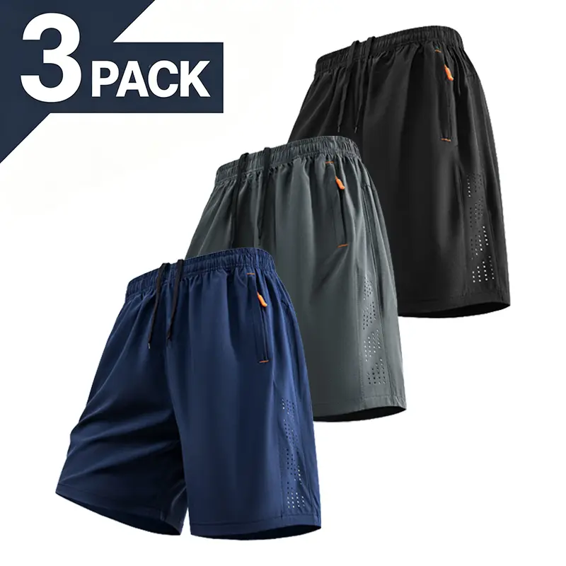 3-Pack Men’s Breathable Quick-Dry Shorts Elastic Waist Drawstring Fitness Casual Knee-Length Shorts