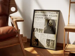 [SALE UP TO 40%] [Unframed] Ghostface Poster | Scream Horror Movie Wall Art | Woodsboro Newspaper Style Print | Horror Movie Decor (No Framed)