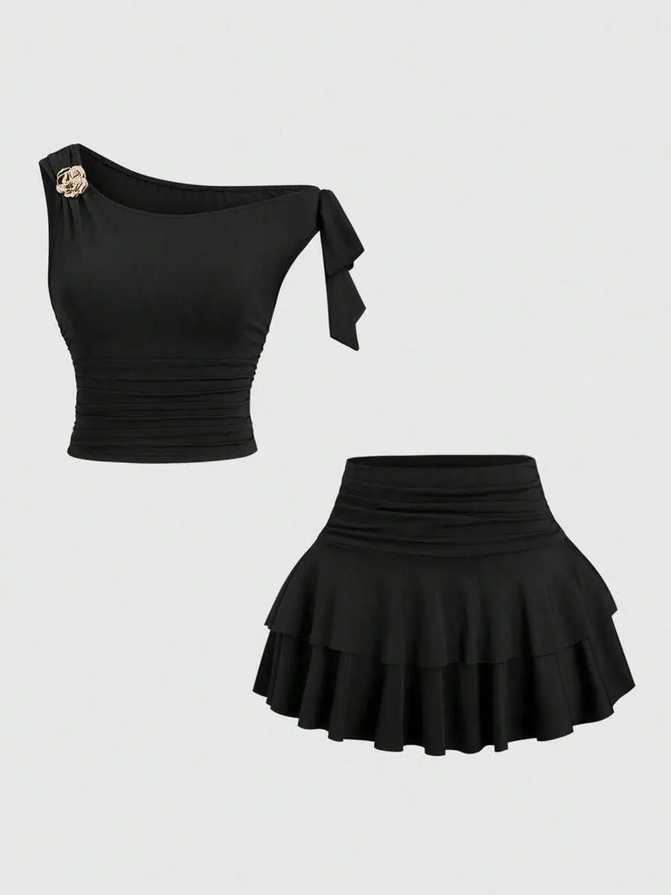 Women's Summer Metallic Flower Decor Spaghetti Strap Tank Top & Pleated Layered Mini Skirt Set