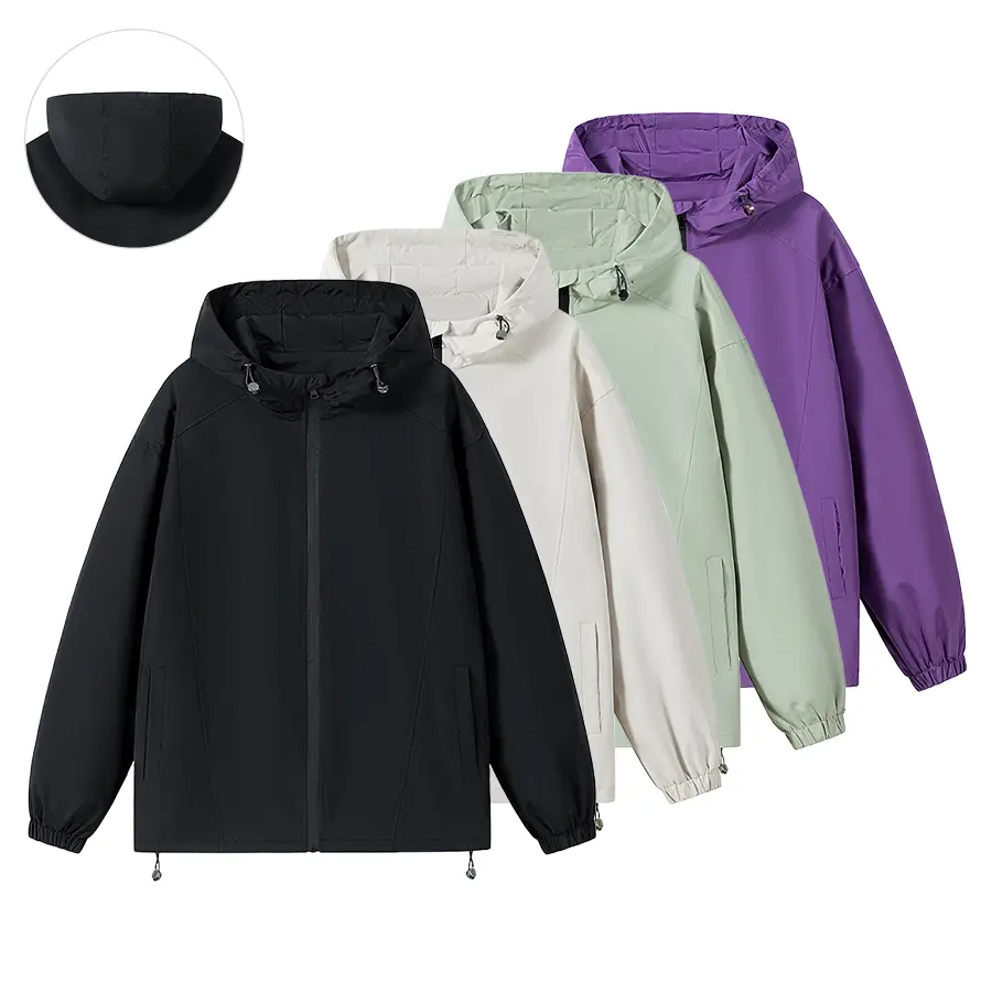 Hooded sun-protection jacket, versatile for everyday wear; lightweight, smooth fabric that resists splashes; adjustable hood with drawstring hem for wind protection; elastic cuffs for a comfortable fit; loose fit that conceals bulges and looks slimming; a