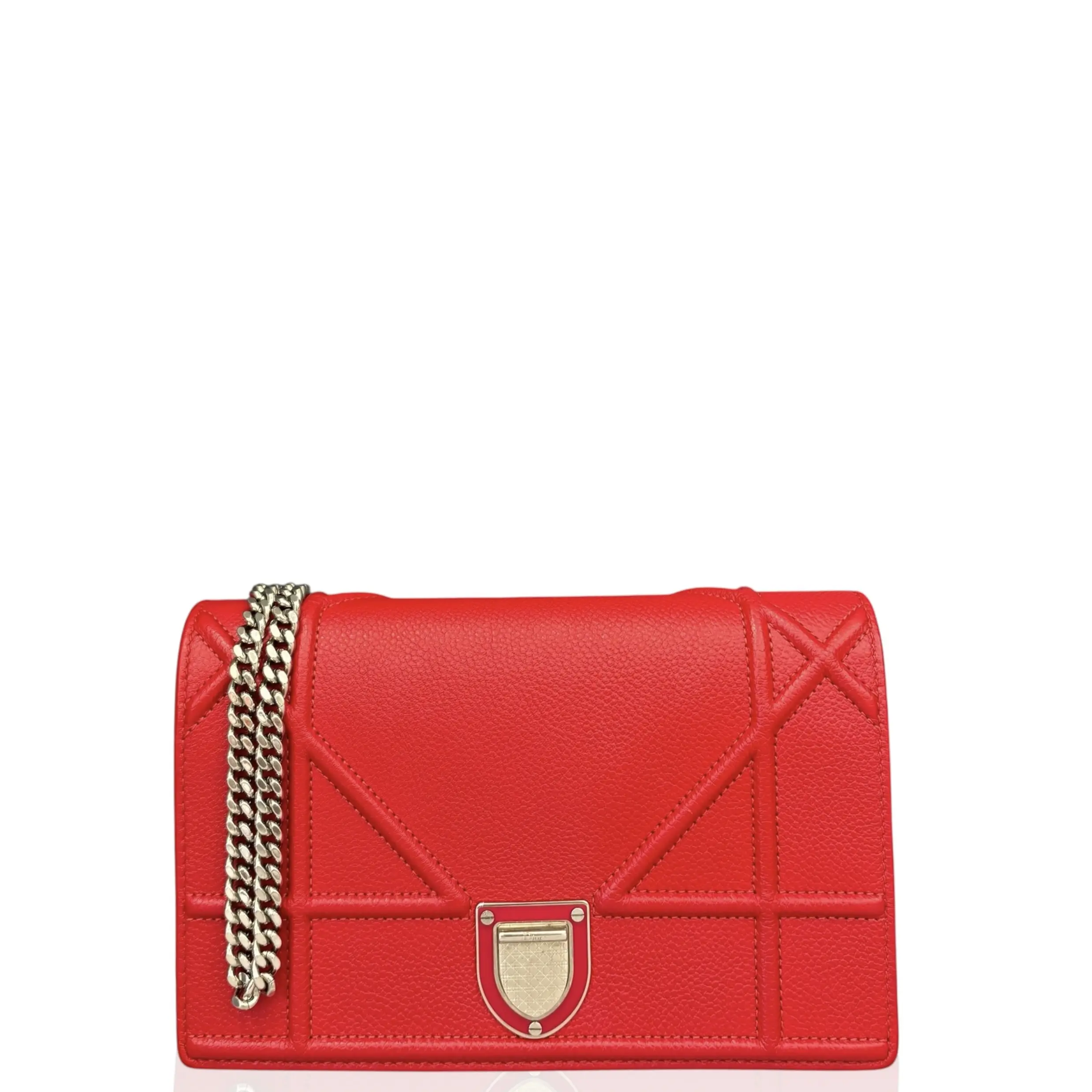 Pre-owned Dior Leather small leather goods Diorama Wallet On Chain Pouch Grained Calfskin Red (ex050726a9)