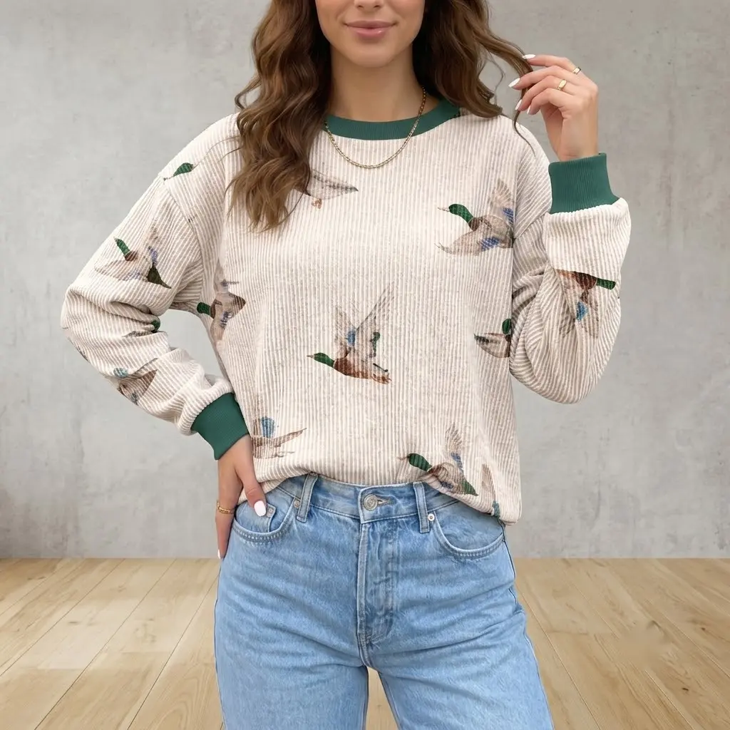 PHEFEE Women's Corduroy Long Sleeve Mallard Duck Print Sweatshirt, Vintage Beige Round Neck Top with Green Colorblock Cuffs, Loose Casual Pullover for Daily Wear