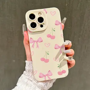 1pc cherry heart bow UV-printed phone case, designed for iPhone 11-16 Pro Max Plus. Soft TPU protective cover, stylish and trendy, perfect as a creative gift for birthdays, Christmas, Halloween, or for friends and family.