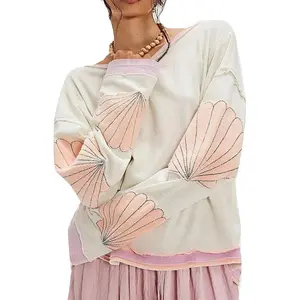 Women Oversized Raw Edge Crew Neck Sweatshirt, Color Block Striped Rib Trim Pullover Top, Multi Pattern Fuzzy Applique Patch Long Sleeve Loose Fit Casual Sweatshirt with Heart Daisy Baseball Strawberry Sleeve Patches