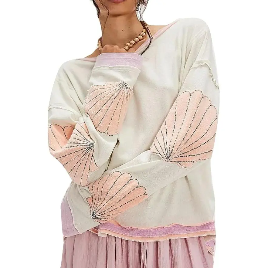 Women Oversized Raw Edge Crew Neck Sweatshirt, Color Block Striped Rib Trim Pullover Top, Multi Pattern Fuzzy Applique Patch Long Sleeve Loose Fit Casual Sweatshirt with Heart Daisy Baseball Strawberry Sleeve Patches