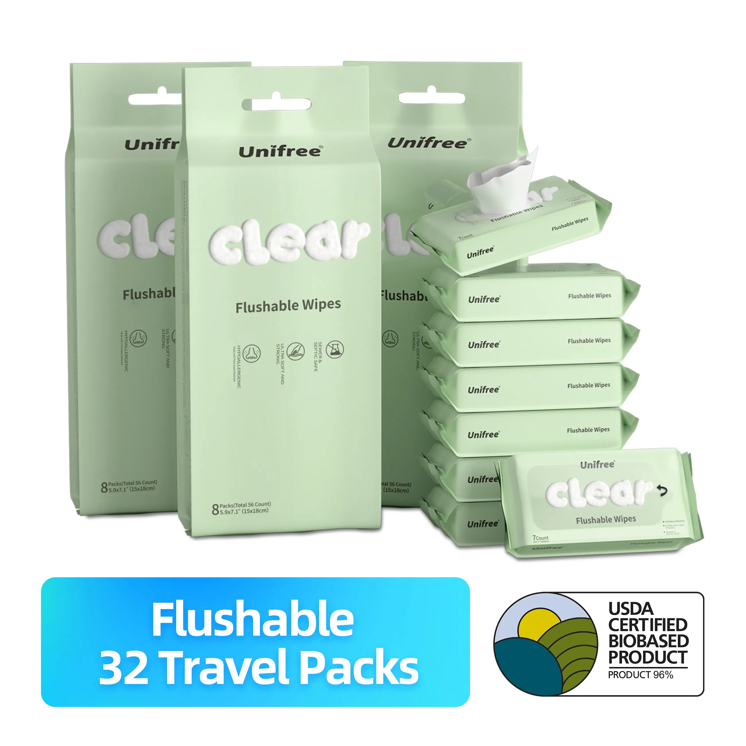 [S] Unifree Flushable Wet Butt Wipes Set - Septic & Sewer Safe, Sensitive Care, Soft Single-Use Tissues, Portable Mini Packs for Travel & Home Bathroom, Home Care Essentials, Toilet Paper Alternative, sohochic