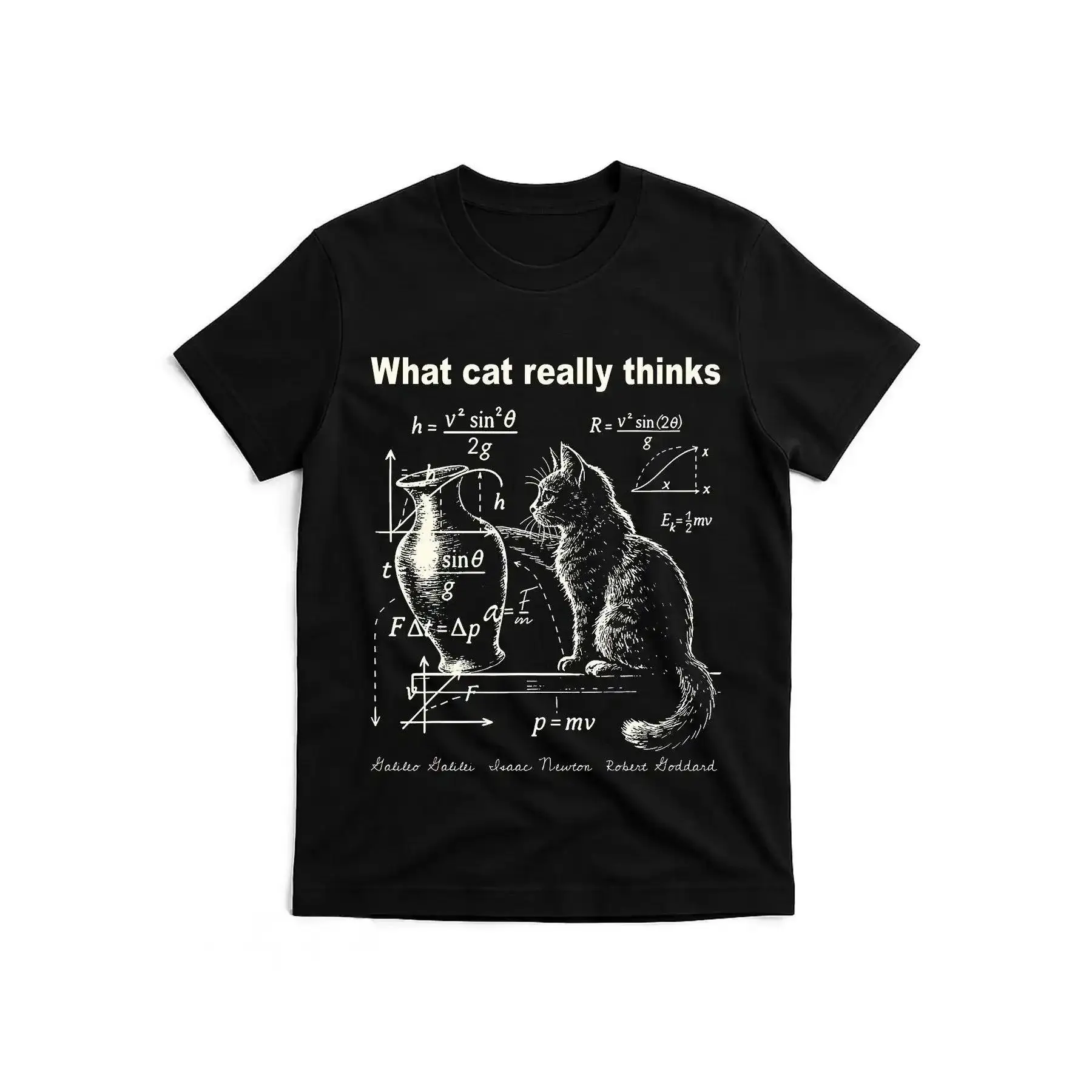 Unisex Streetwear Short-Sleeve Print T-Shirt - Cool Cat & Physics Joke Design with Kinematic Equations, Men's Top Gift for Science Enthusiasts & Cat Owners, Shortsleeve, Basic, Menswear, Round Neck, Casual, Soft