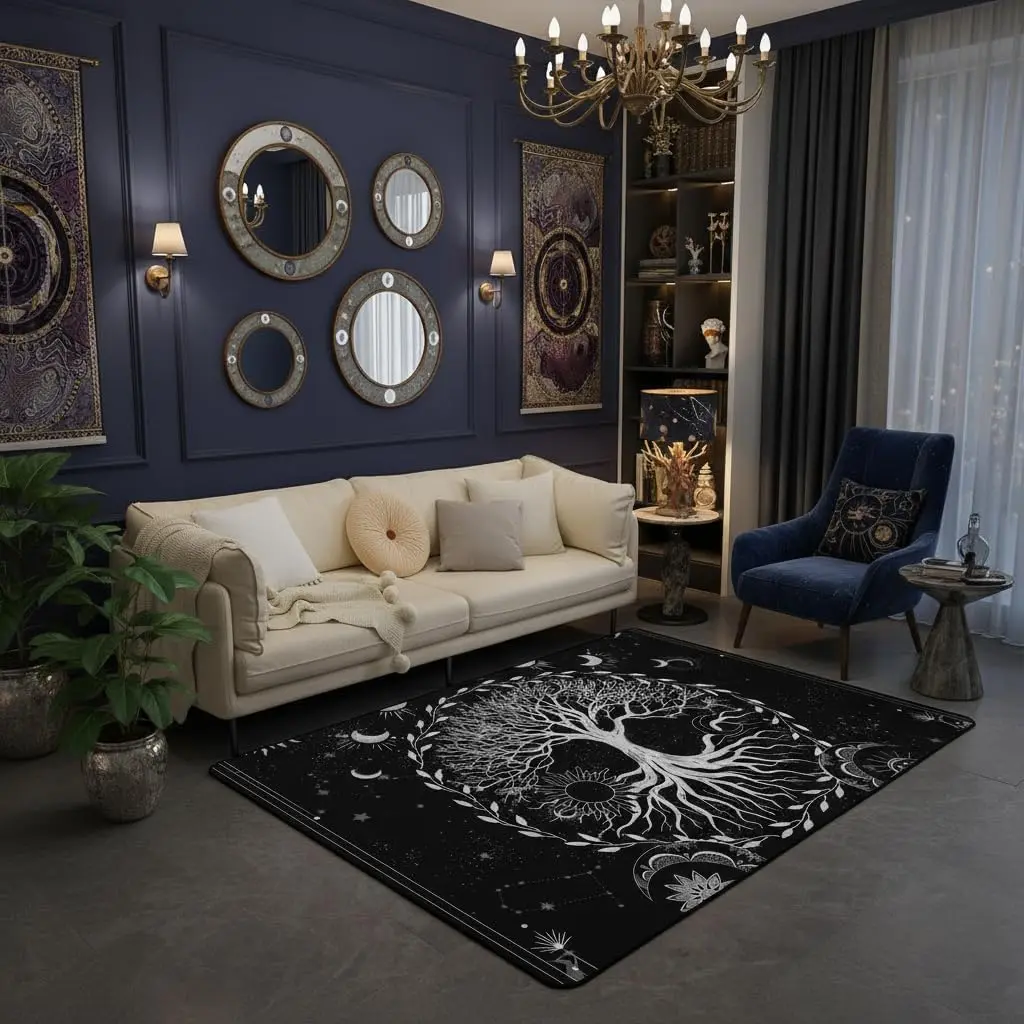 Life Tree Area Rug Adult,Sun Moon Gothic Space Constellation Carpet for Bedroom Playroom,Dark Starry Sky Decor Indoor Floor Mat,Mystery Tree Decorative Rug for Living Room,3x5